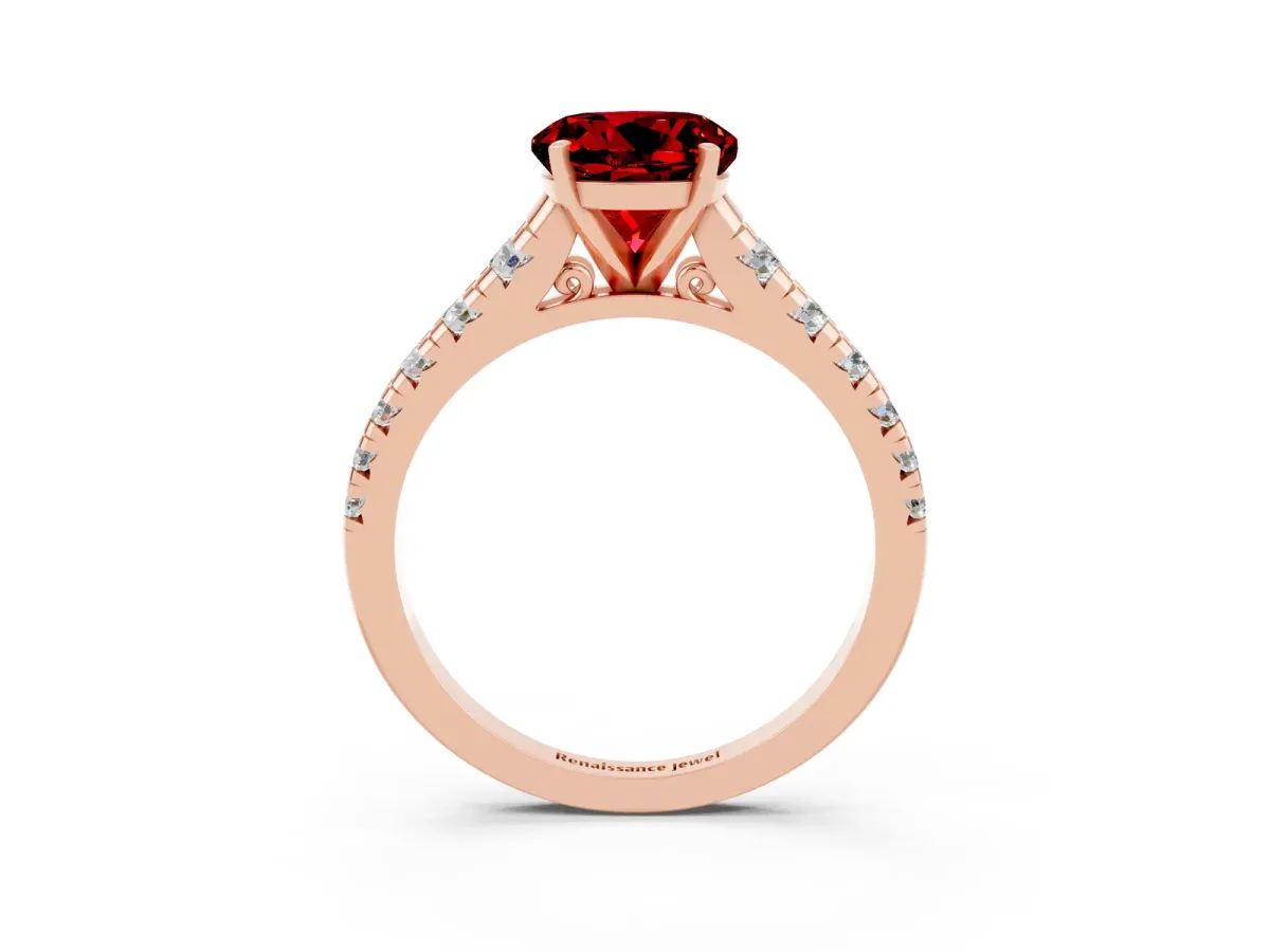 Round Cut Ruby Cathedral Solitaire Ring with Round Pavé Band Rose gold