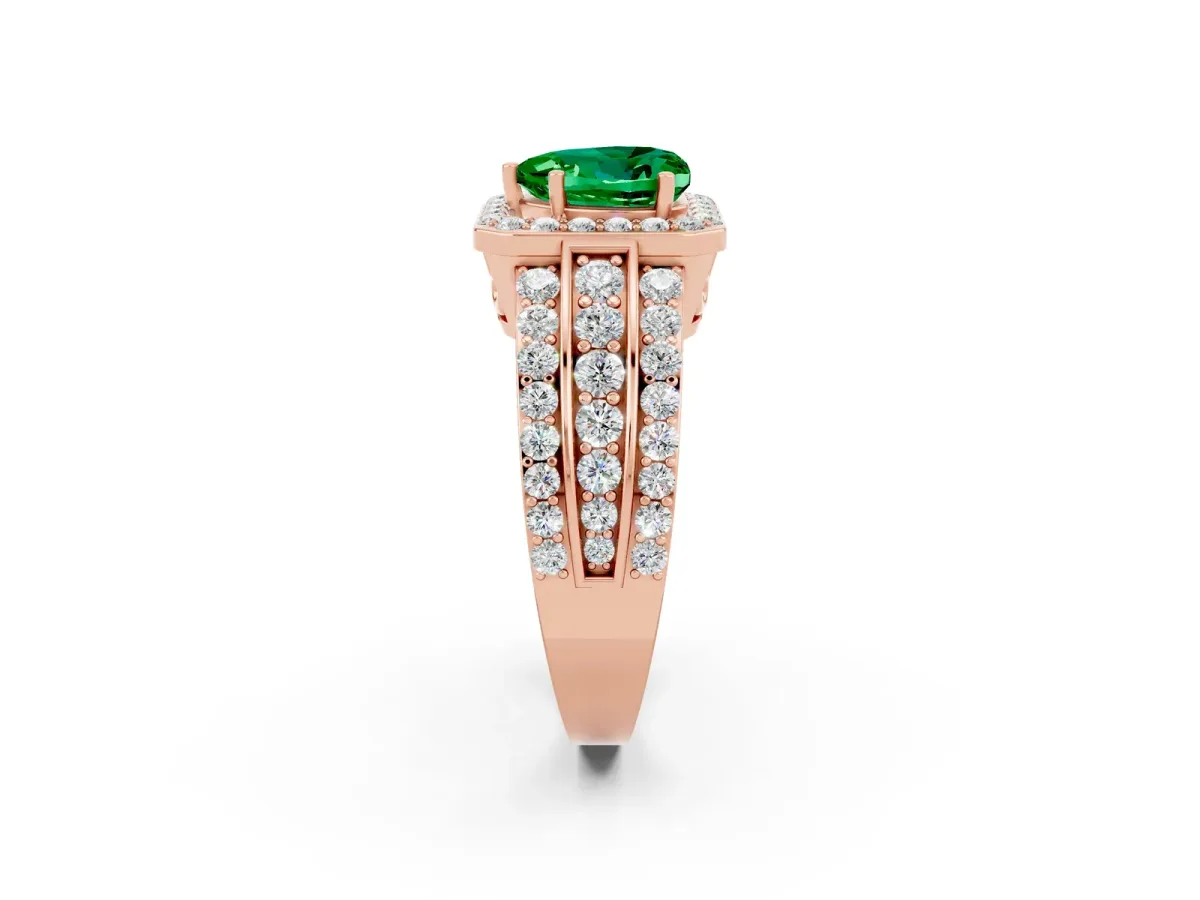 Heart Cut Halo Emerald Ring with Round Split Shank and Prong Setting Rose gold