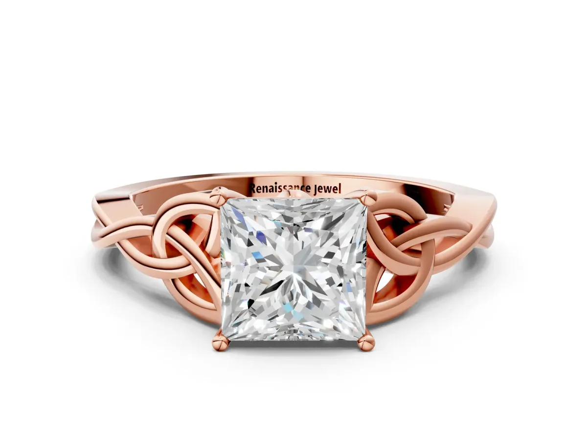 Princess Cut Diamond Solitaire Celtic Knot Ring with Four-Prong Setting Rose gold