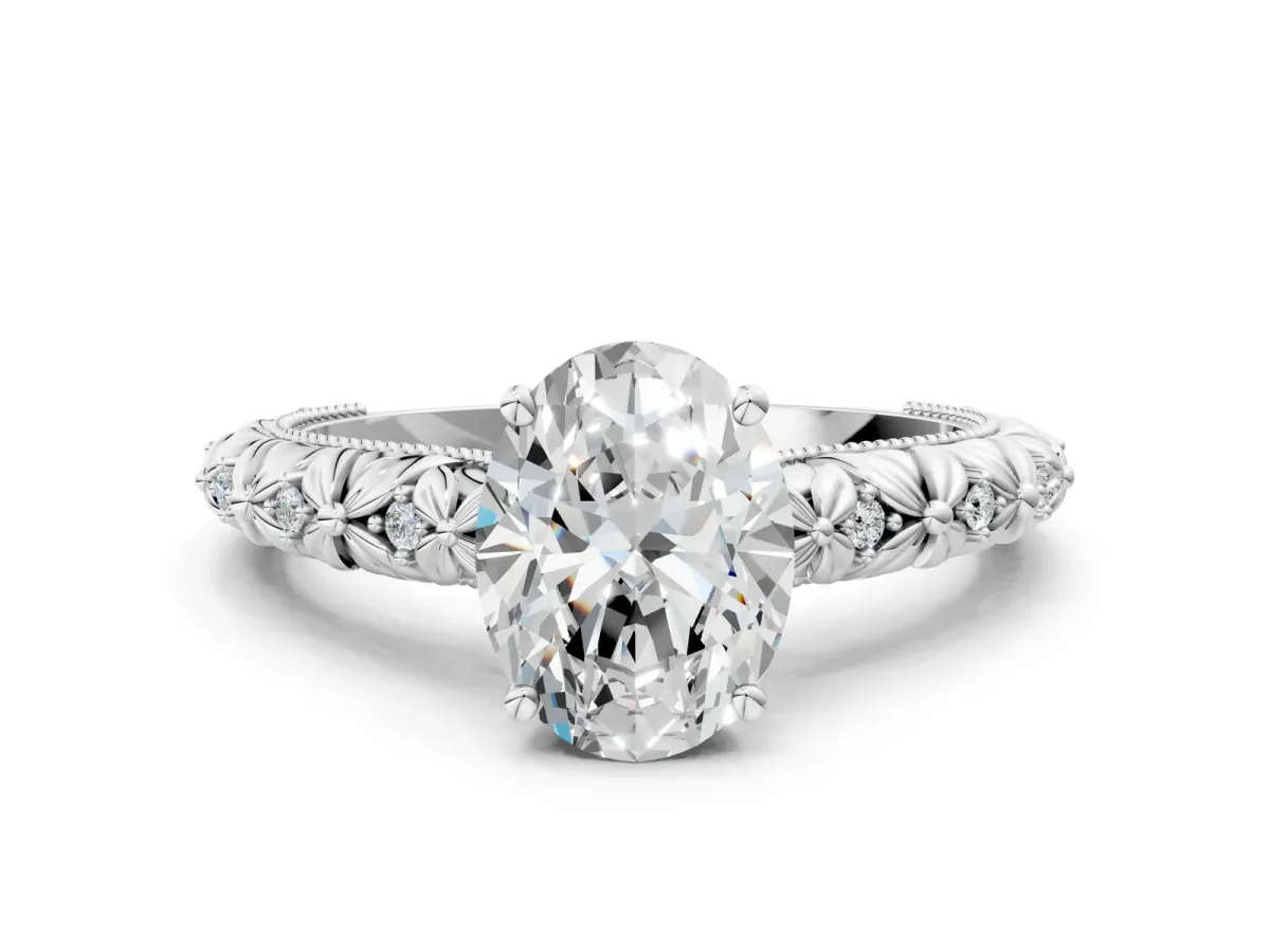 Oval Cut Solitaire Floral Milgrain Engagement Ring Silver