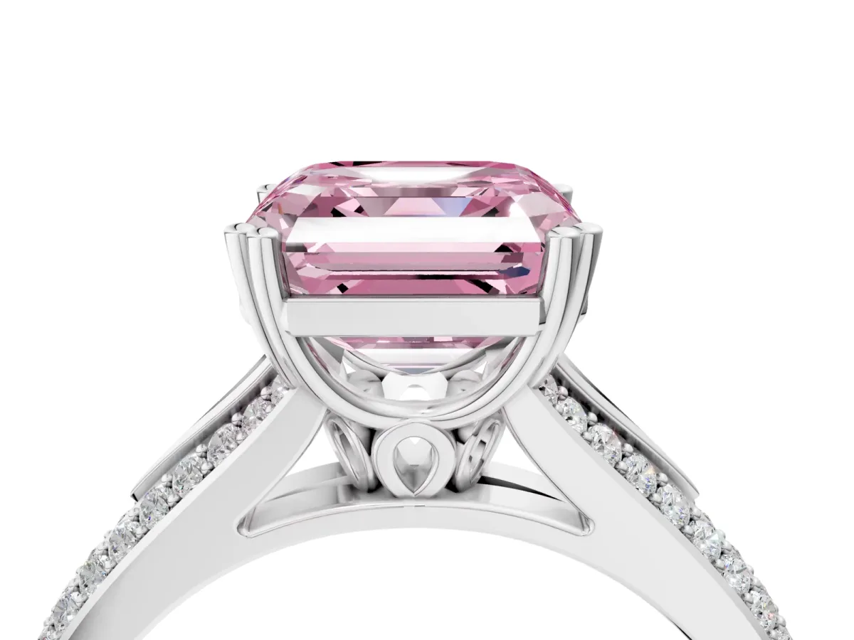 Fancy Pink Asscher Cut Diamond Split Shank Engagement Ring with Pavé Band Platinum