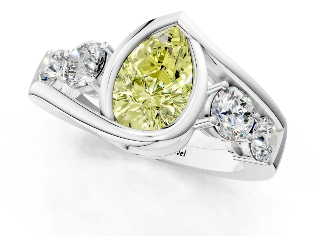 Fancy Yellow Bezel Set Pear Cut Diamond Bypass Ring with Round Accents Platinum