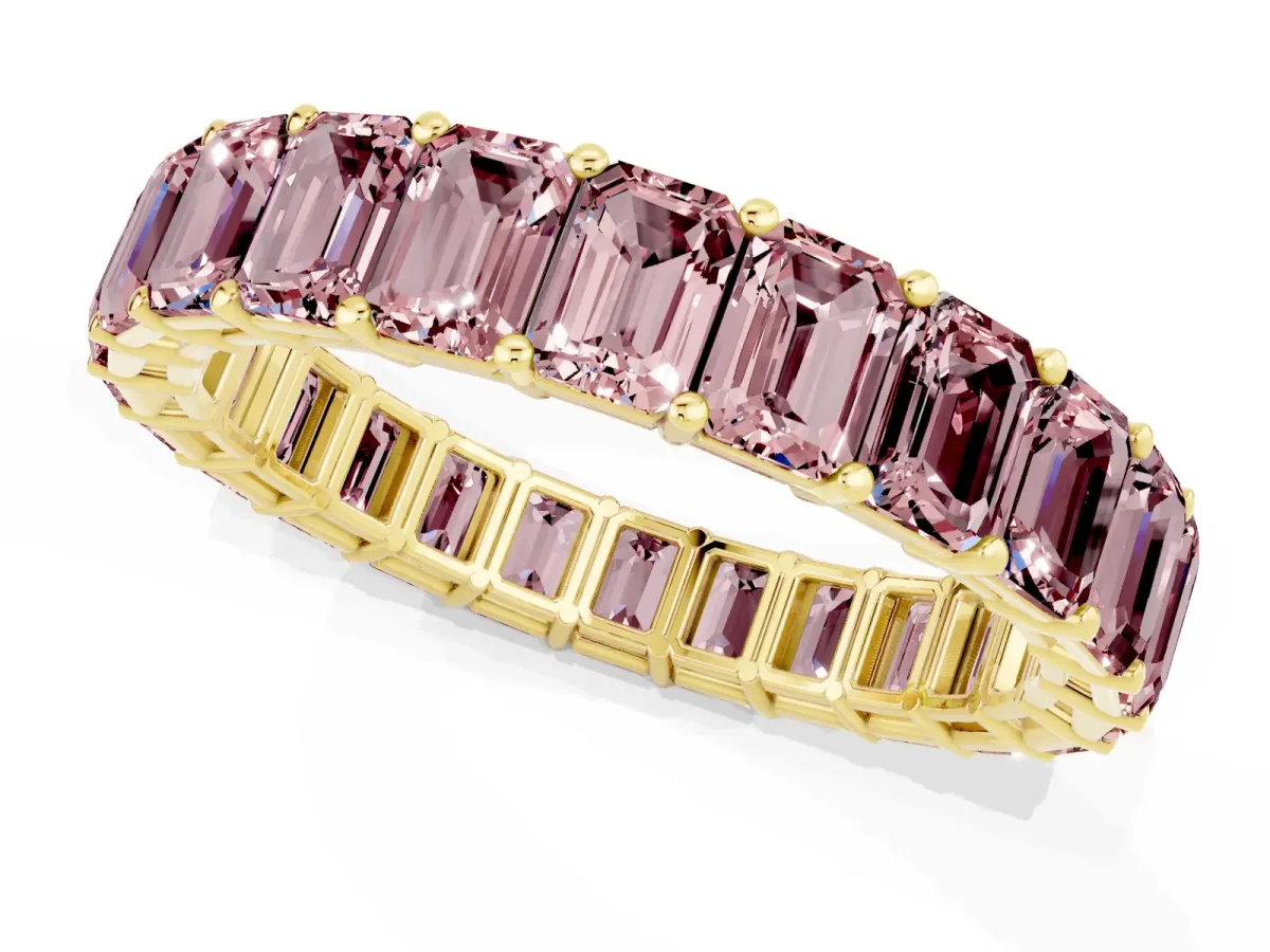 Emerald Cut Morganite Eternity Band with Shared Prong Setting Yellow gold