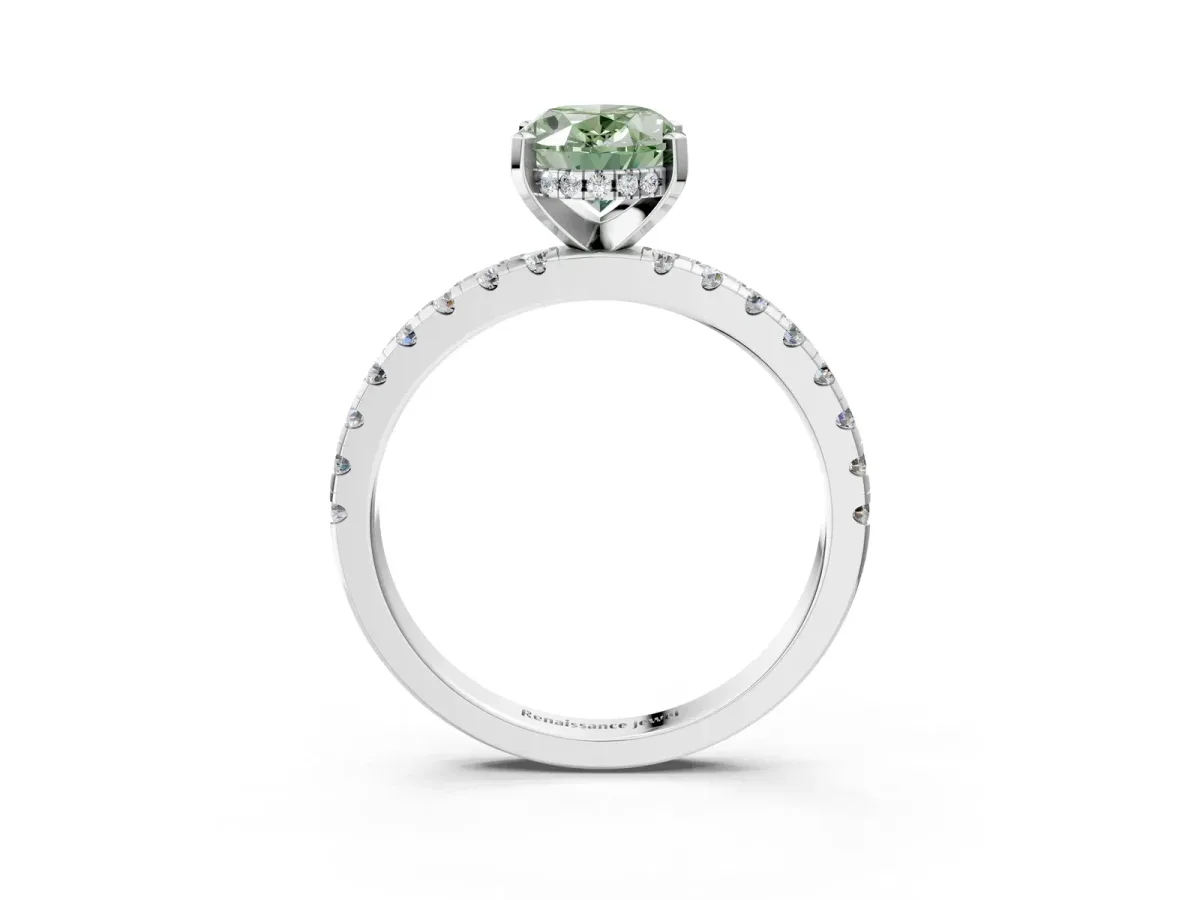 Fancy Green Oval Cut Diamond Solitaire Ring with Round Pavé Band and Four-Prong Setting Silver