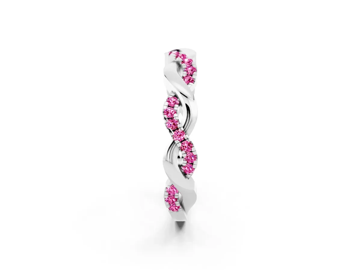 Pavé Round Pink Sapphire Twist Eternity Band with Shared Prong Setting Silver