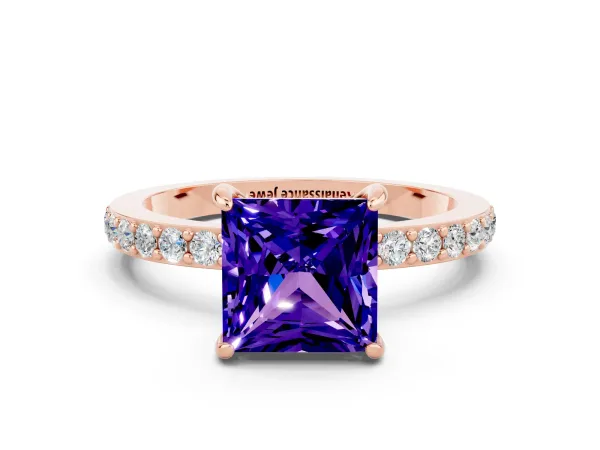 Princess Cut Tanzanite Solitaire Engagement Ring with Pavé Band and Four-Prong Setting Rose gold