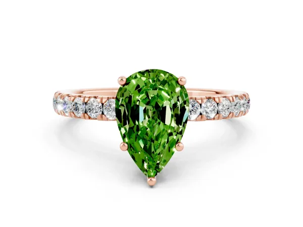 Pear Cut Peridot Pave Band Solitaire Ring with Round and Prong Setting Rose gold