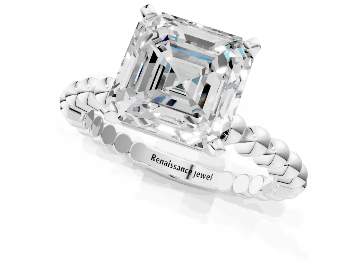 Asscher Cut Diamond Solitaire Ring with Beaded Band and Prong Setting Platinum