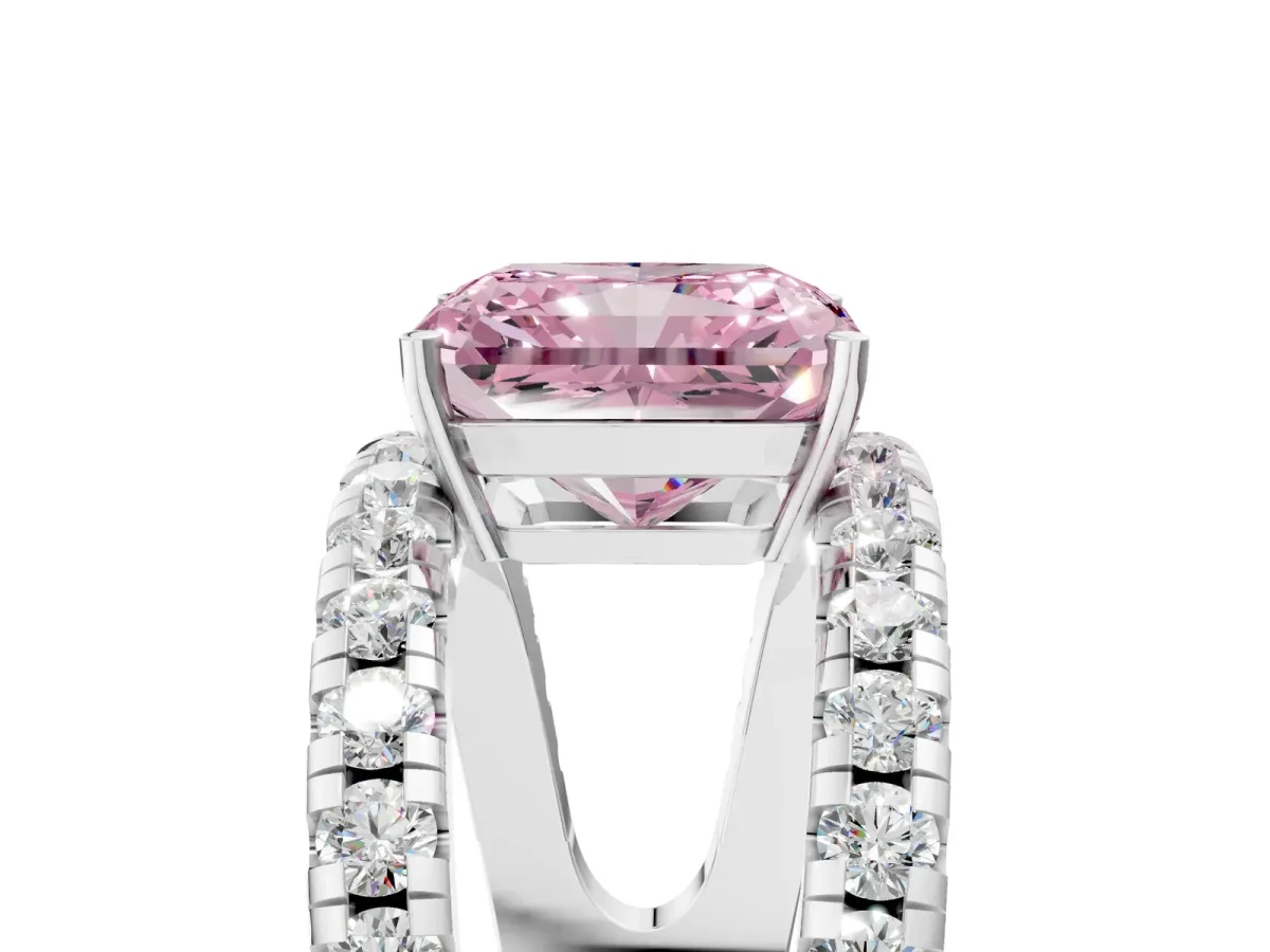 Fancy Pink Radiant Cut Solitaire Split Shank Pave Diamond Ring Platinum