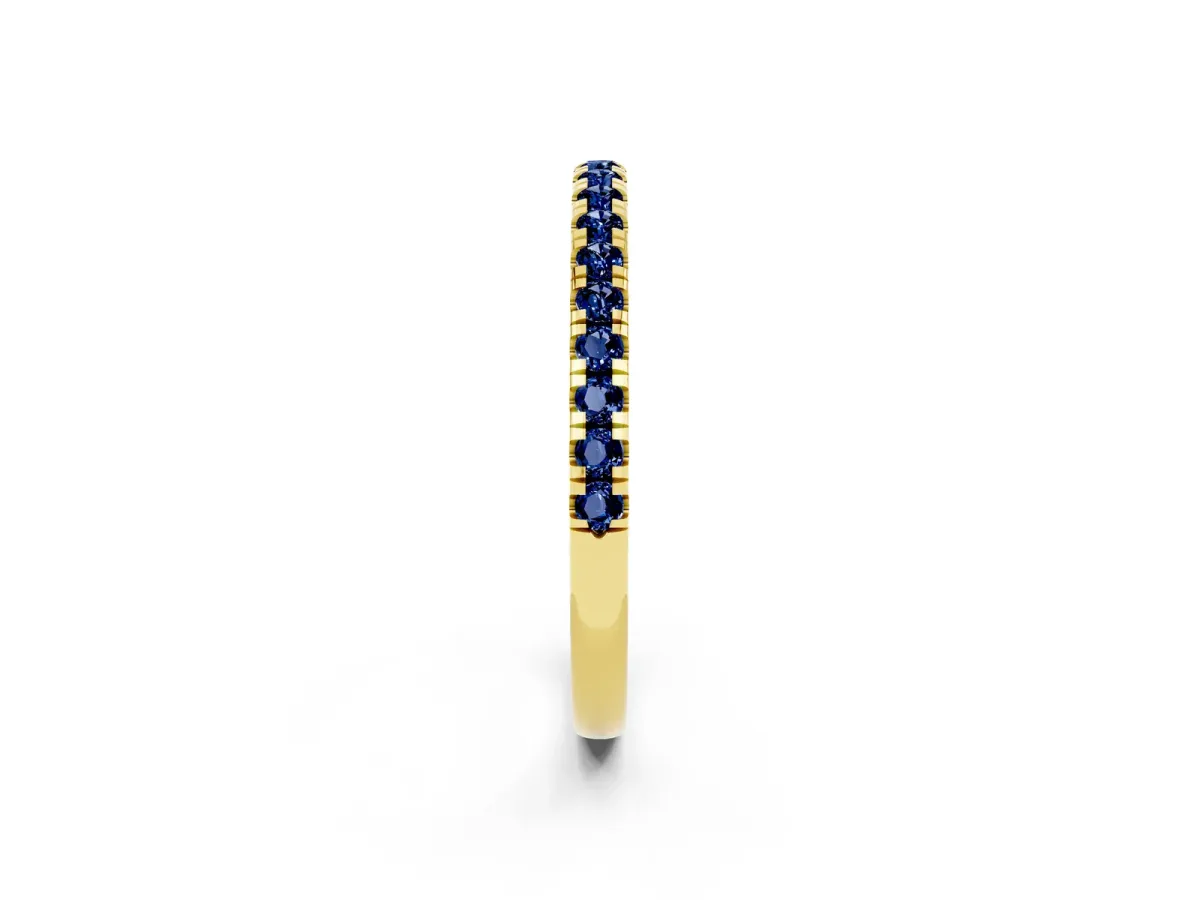 Pavé Round Blue Sapphire Half Eternity Band with Shared Prong Setting Yellow gold