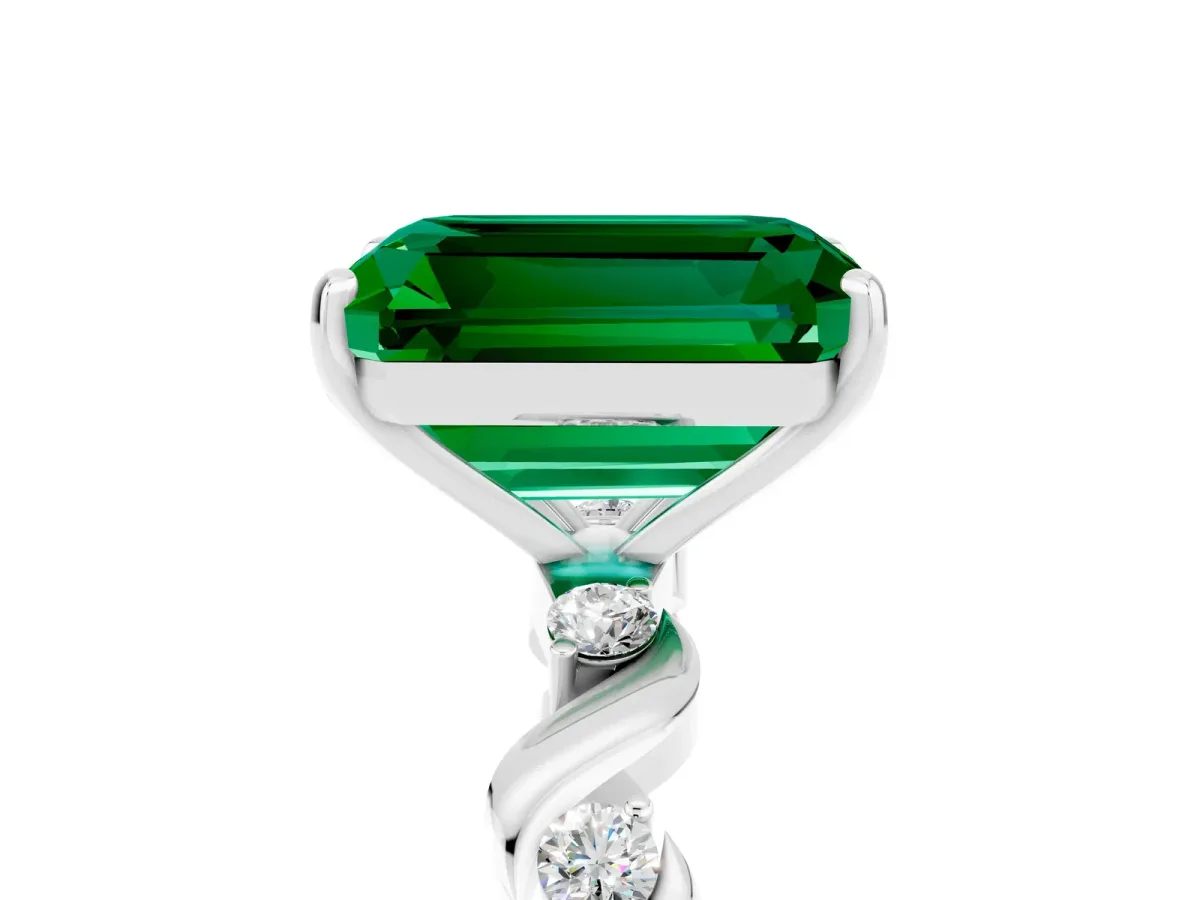 Emerald Cut Emerald Solitaire Twisted Band with Round Accents and Prong Setting Silver