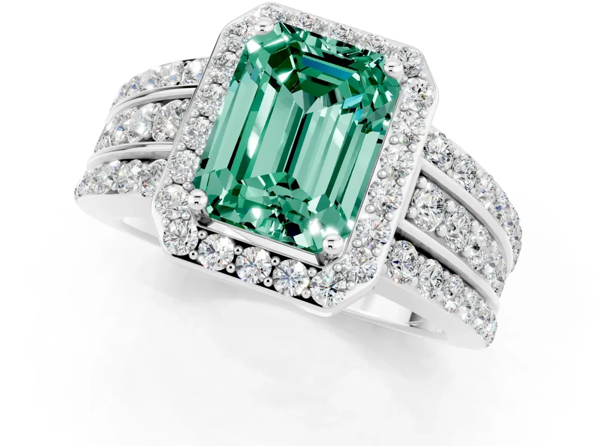 Emerald Cut Halo Green Sapphire Ring with Round Split Shank and Prong Setting Platinum