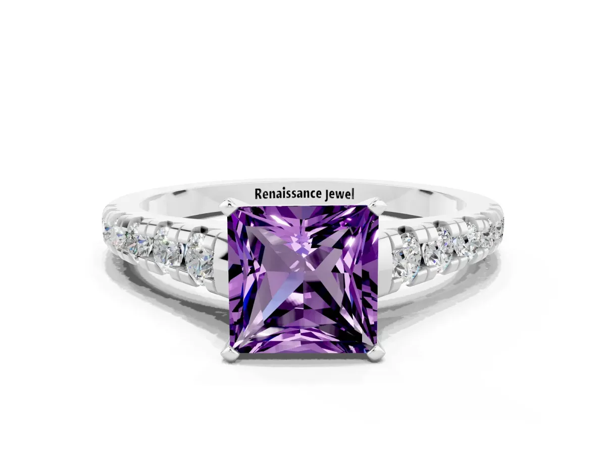 Princess Cut Amethyst Cathedral Solitaire Ring with Round Pavé Band Silver