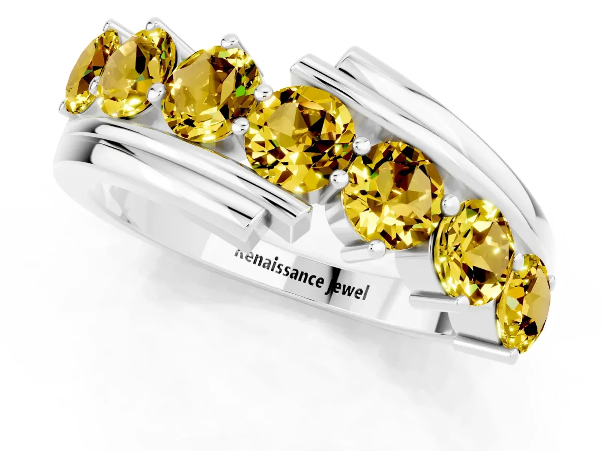 Round Yellow Sapphire Wave Band with Channel and Shared Prong Setting White gold