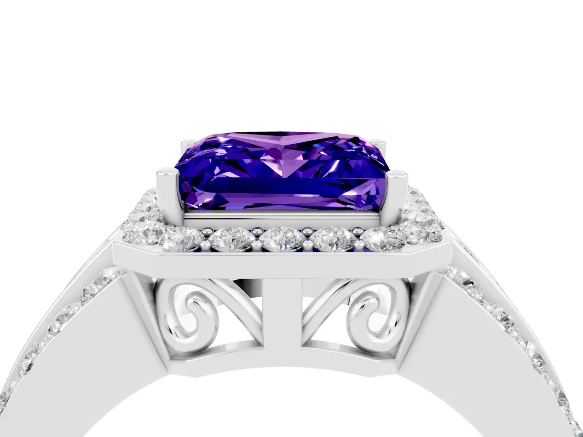 Princess Cut Halo Tanzanite Ring with Round Split Shank and Prong Setting Silver