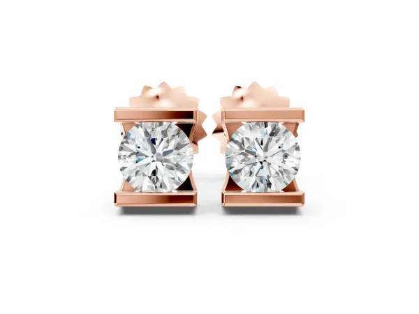 Bar Set Round Diamond Stud Earrings in White Gold Rose gold