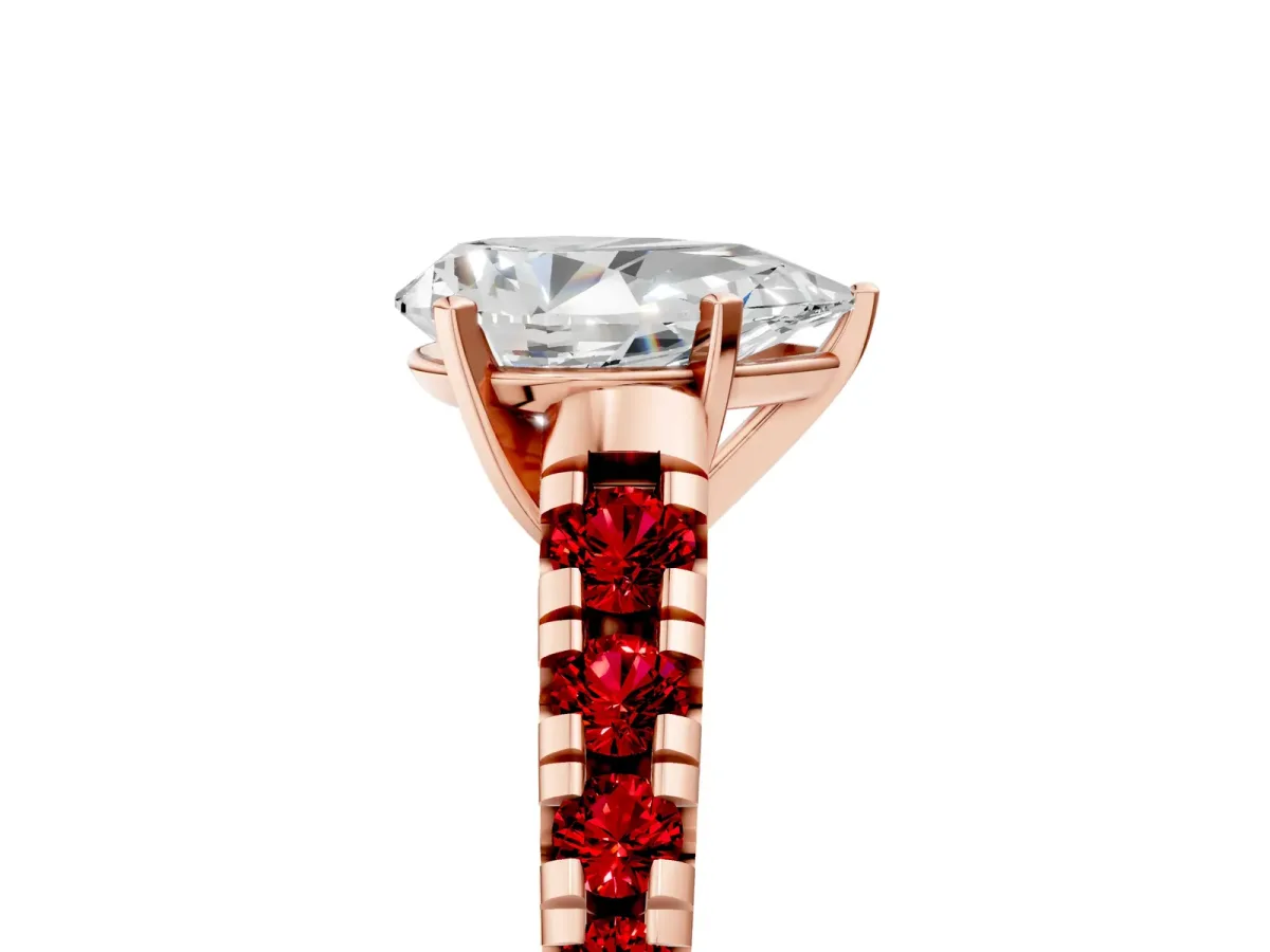Pear Cut Diamond Cathedral Solitaire Ring with Round Ruby Pavé Band Rose gold
