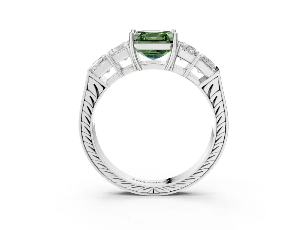Fancy Green Asscher Cut Solitaire Princess Side Stone Engraved Band Prong Setting Ring Platinum