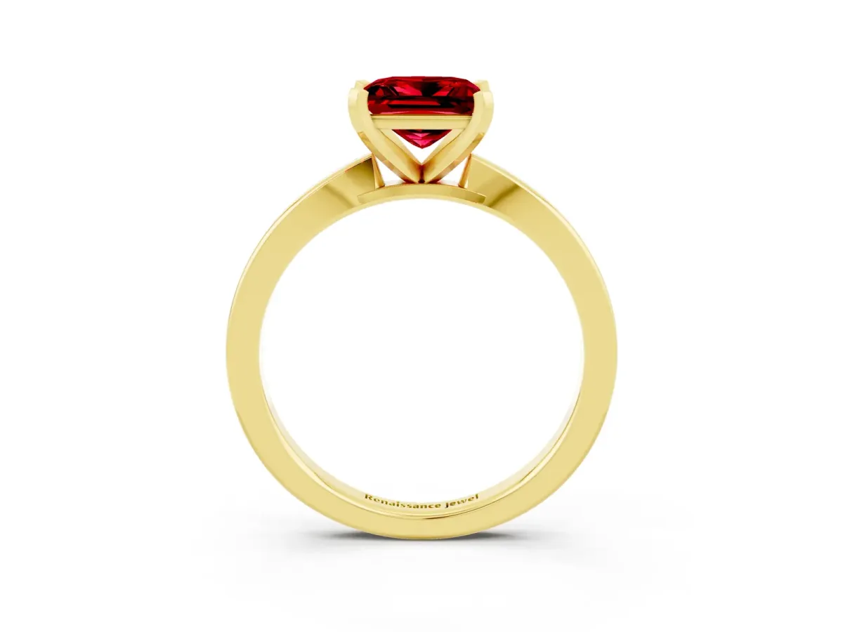 Princess Cut Ruby Solitaire Engagement Ring with Classic Band and Four-Prong Setting Yellow gold