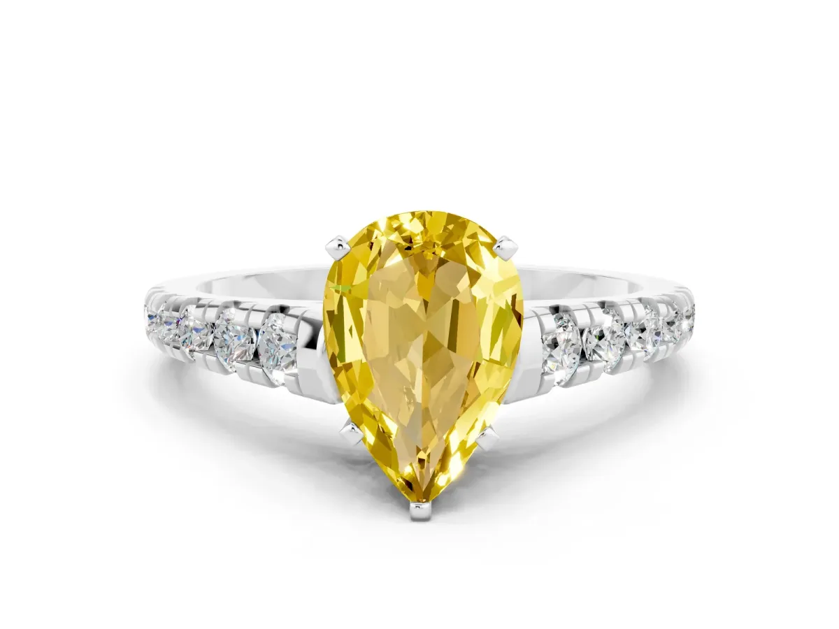 Pear Cut Yellow Sapphire Cathedral Solitaire Ring with Round Pavé Band Silver
