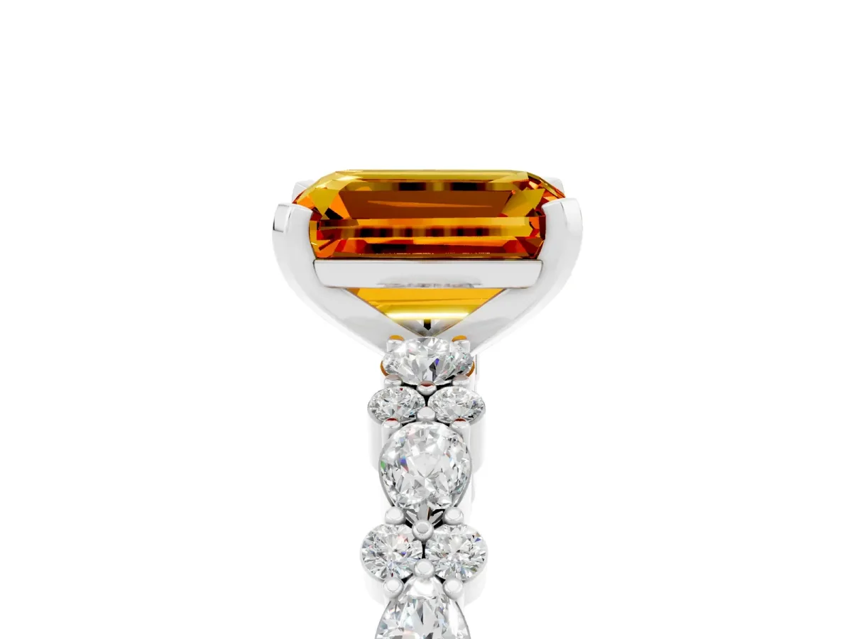 Emerald Cut Citrine Side Stone Solitaire Ring with Round and Four-Prong Setting White gold