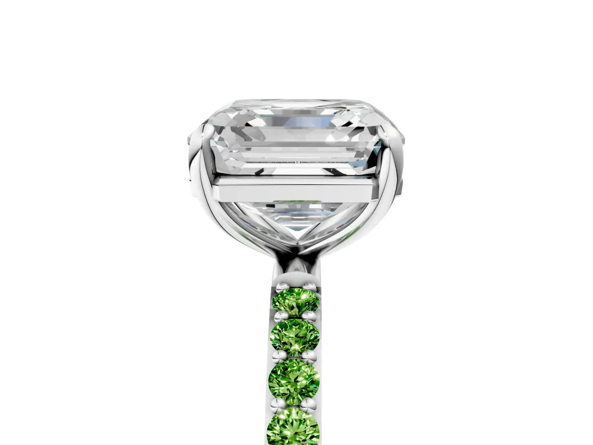 Asscher Cut Diamond Solitaire Ring with Round Peridot Pavé Band and Prong Setting Silver