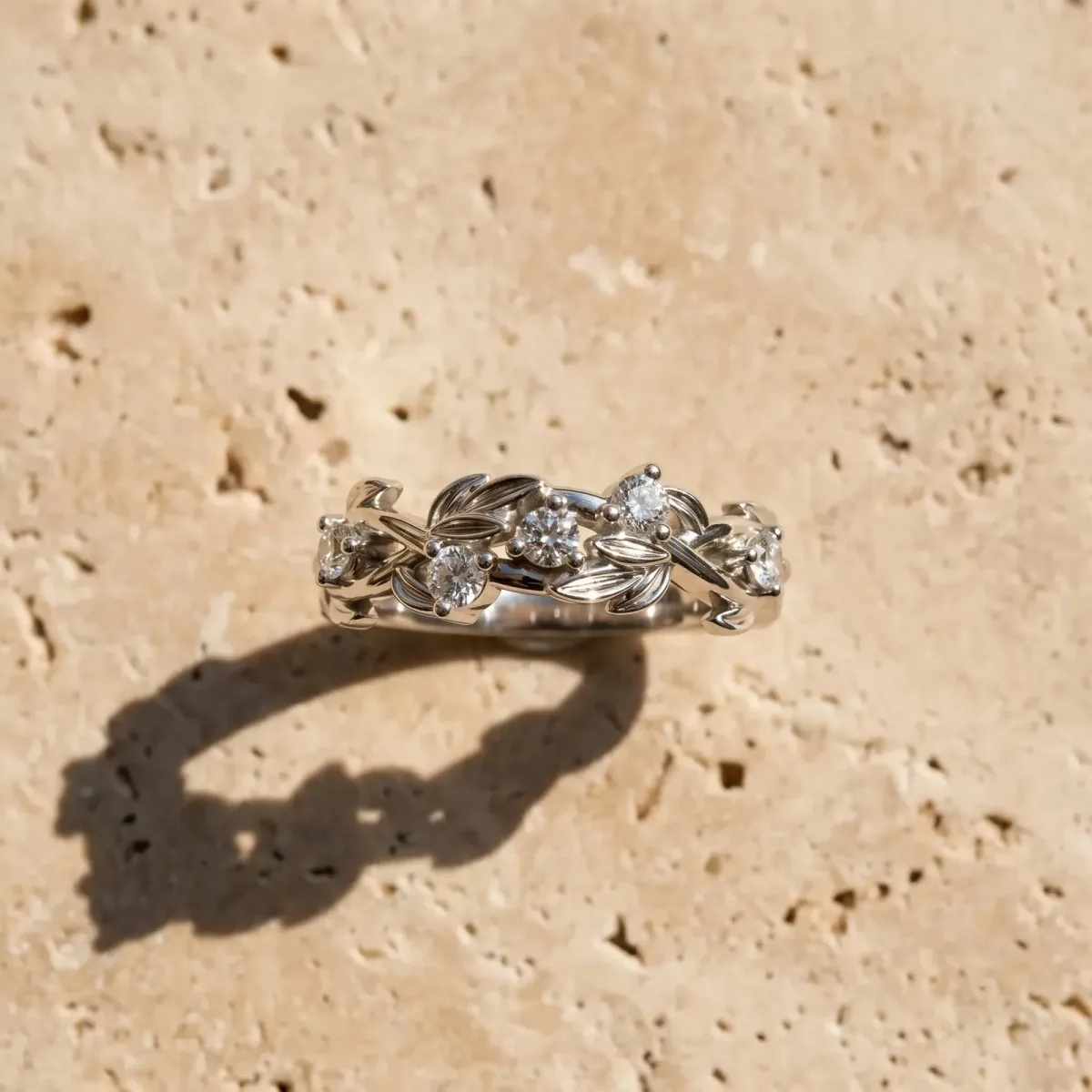 Round Diamond Leaf Motif Band with Prong Setting Silver