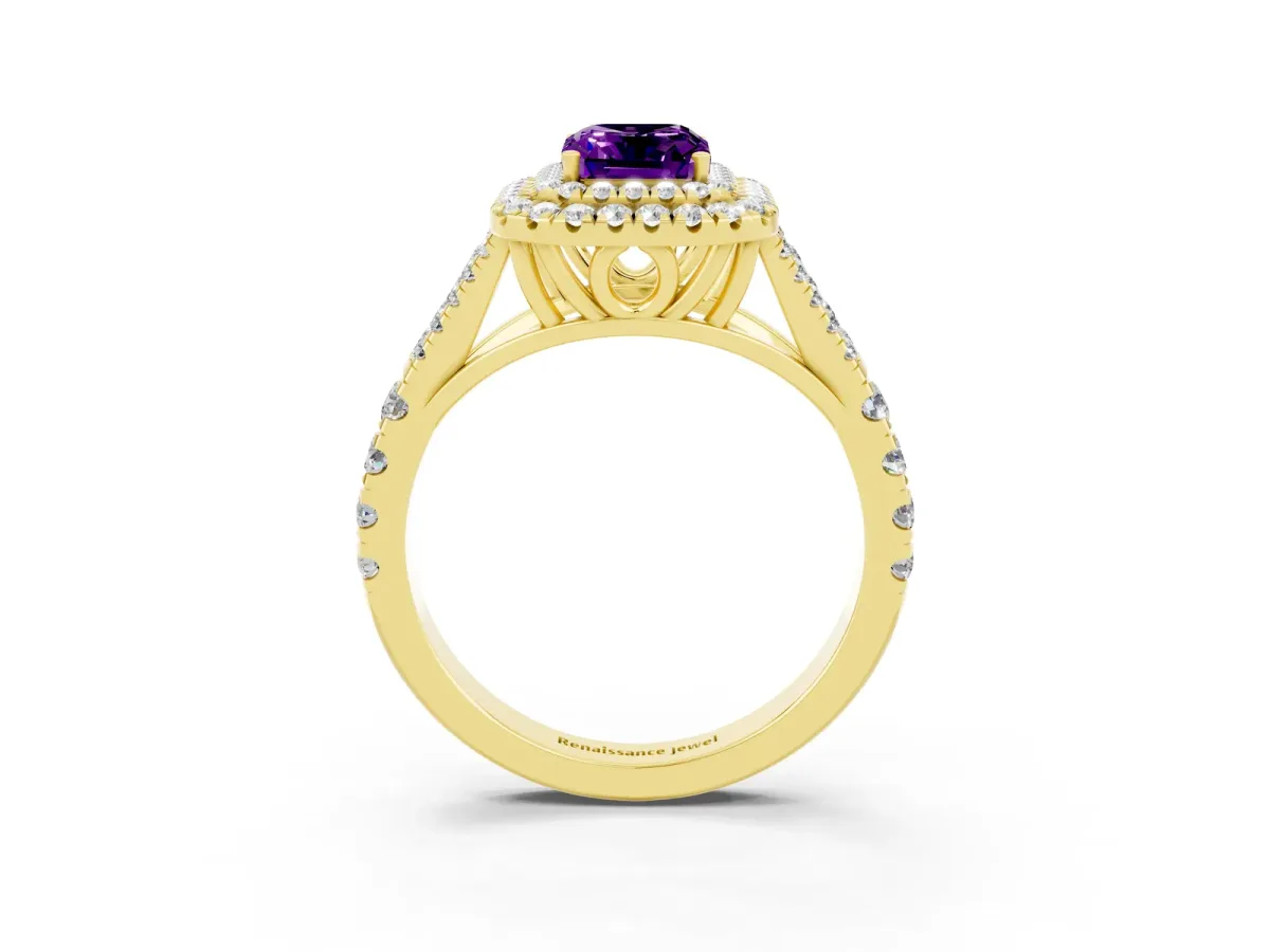 Double Halo Emerald Cut Amethyst Split Shank Engagement Ring with Four-Prong Setting Yellow gold