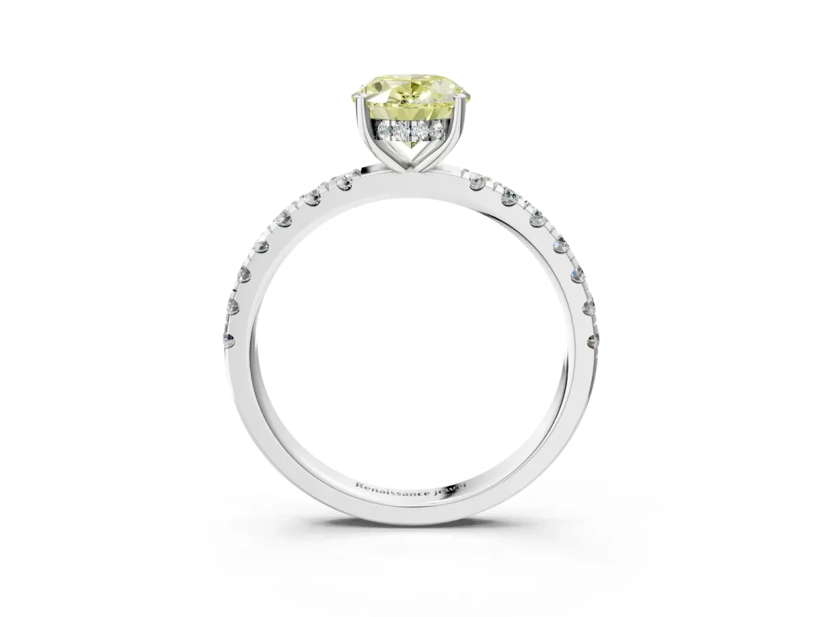 Fancy Yellow Oval Cut Diamond Pave Band Solitaire Ring with Round and Prong Setting Silver