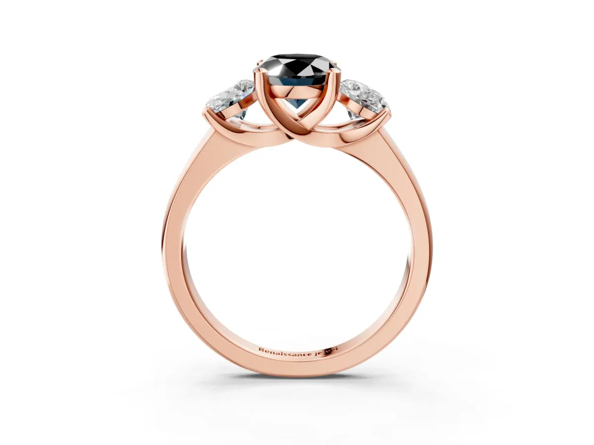 Fancy Black Three-Stone Oval Cut Cut Solitaire Ring with Classic Prong Setting Rose gold