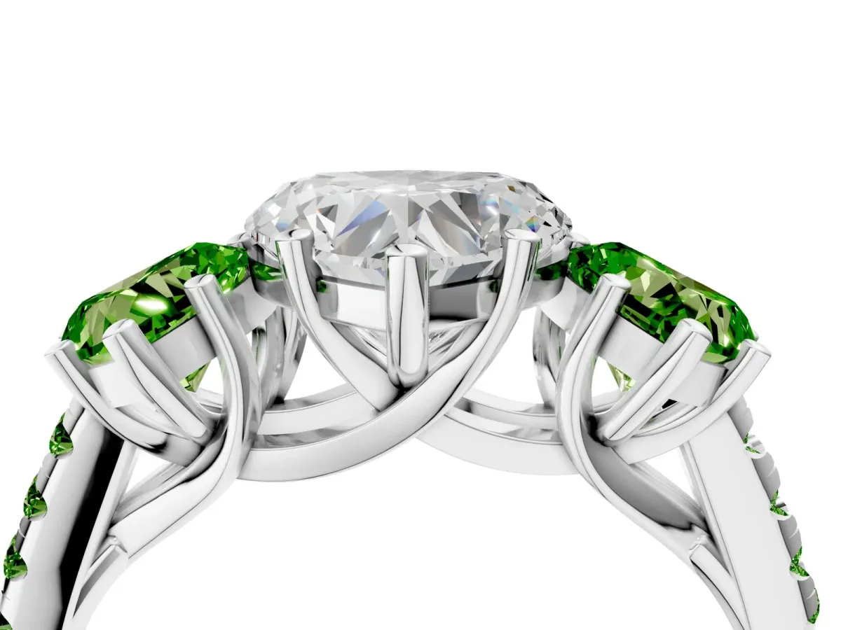 Three-Stone Heart Cut Diamond Ring with Round Peridot Pavé Band and Prong Setting Silver