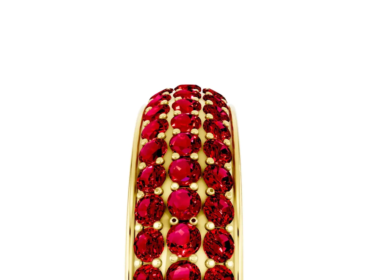 Three-Row Round Ruby Eternity Band with Shared Prong Setting Yellow gold
