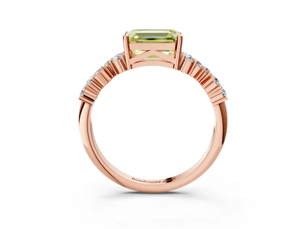 Fancy Yellow Emerald Cut Diamond Scattered Round Accent Ring with Prong Setting Rose gold