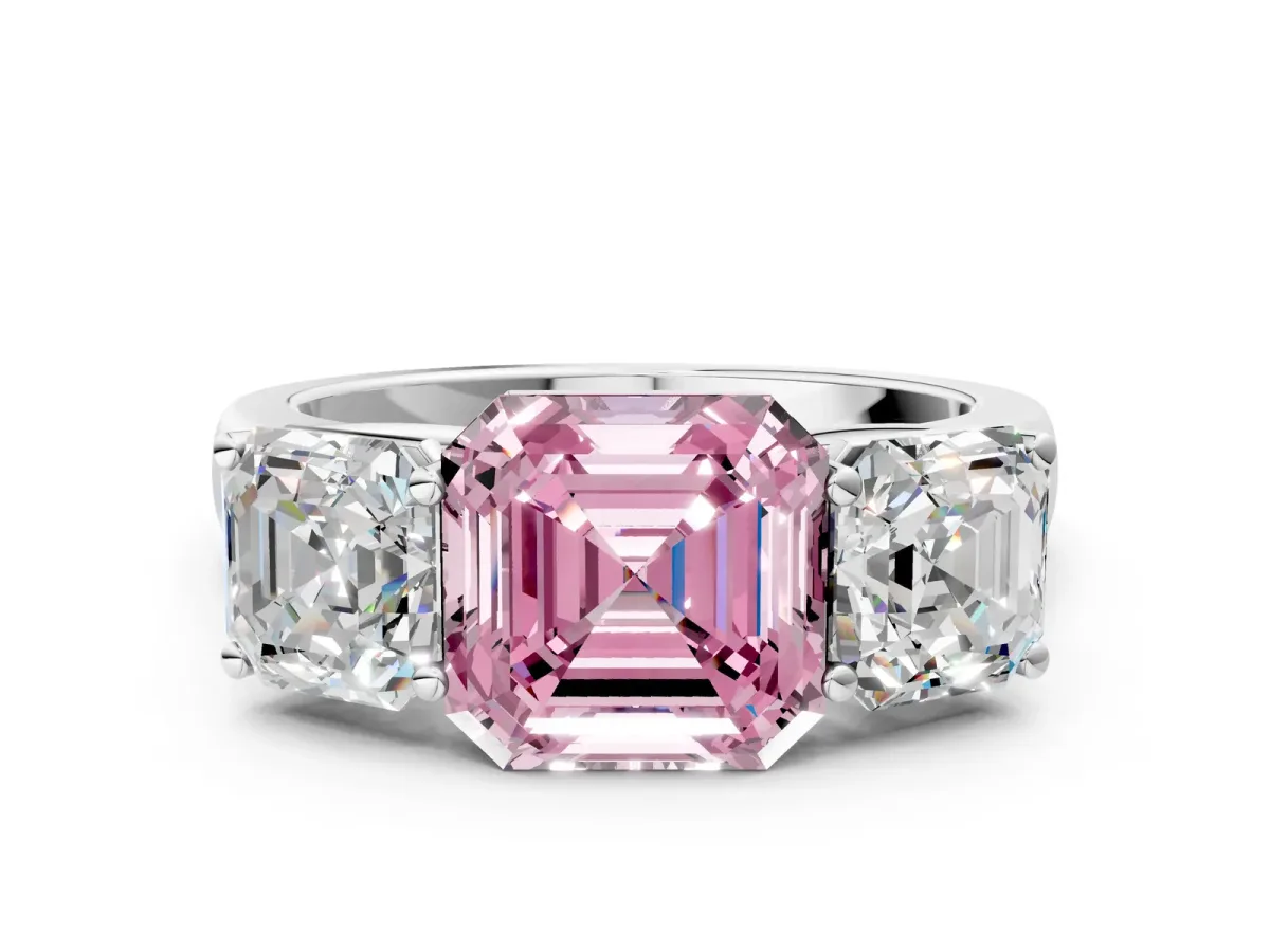 Fancy Pink Asscher Cut Three-Stone Diamond Ring with Prong Setting on a Classic Band Platinum