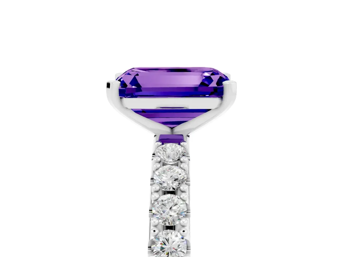 Emerald Cut Tanzanite Solitaire Pavé Band with Four-Prong Setting Silver