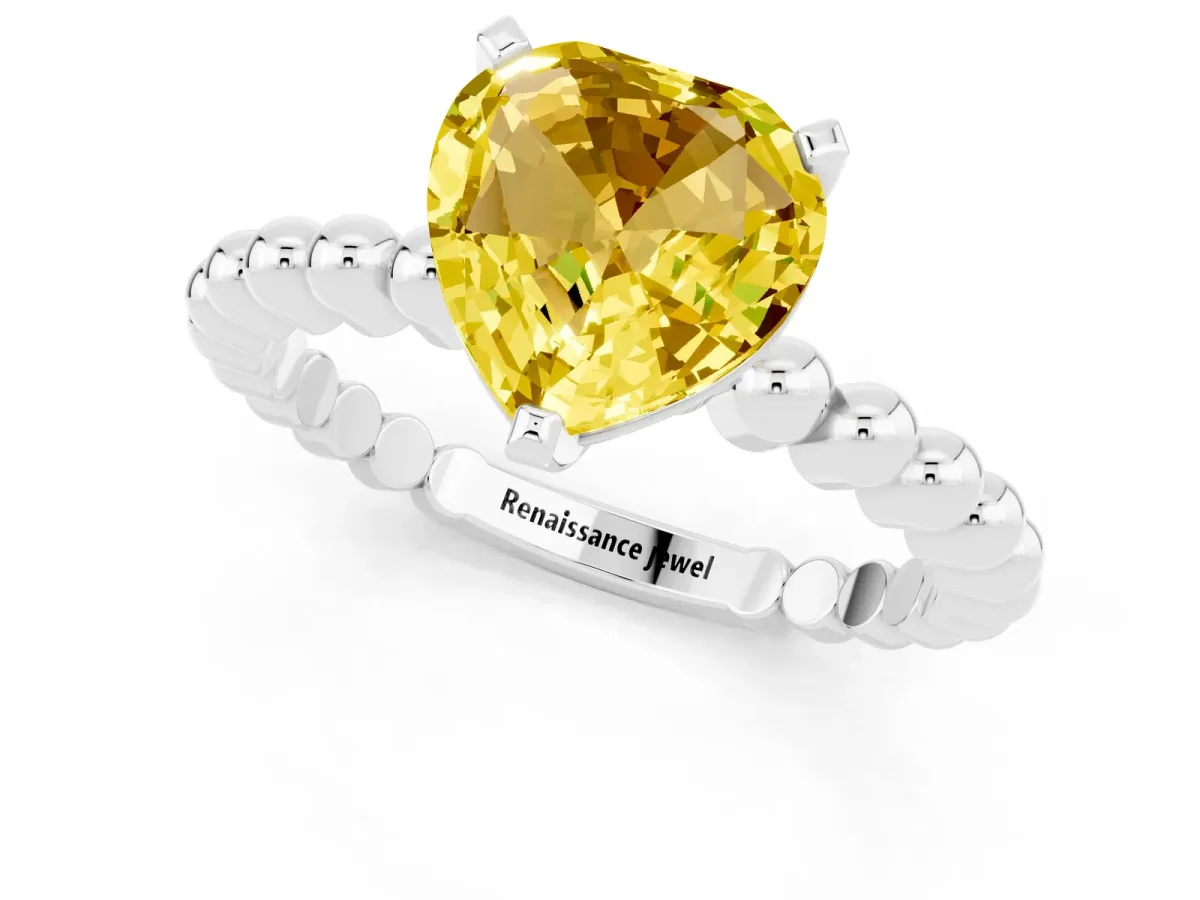 Heart Cut Yellow Sapphire Solitaire Ring with Beaded Band and Prong Setting Silver