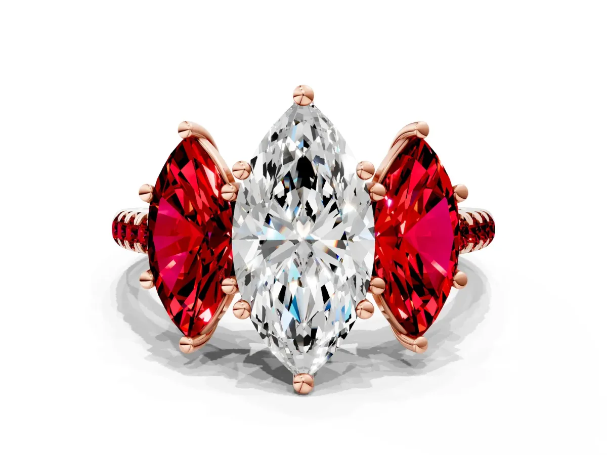 Three-Stone Marquise Cut Diamond Ring with Round Ruby Pavé Band and Prong Setting Rose gold