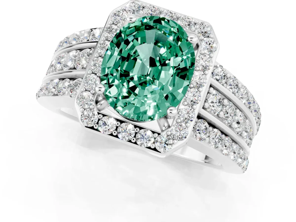 Oval Cut Halo Green Sapphire Ring with Round Split Shank and Prong Setting Silver