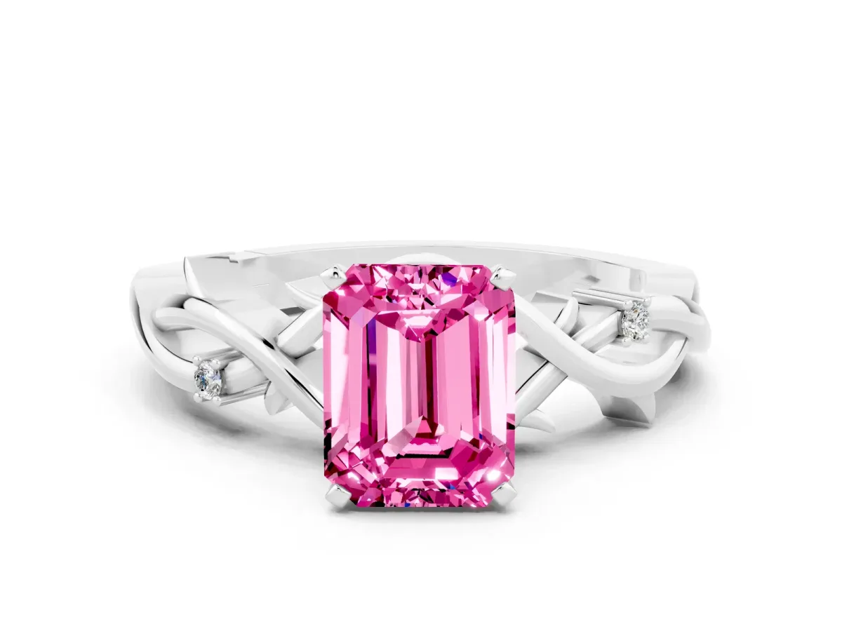 Emerald Cut Pink Sapphire Solitaire Ring with Twisted Band and Prong Setting Silver