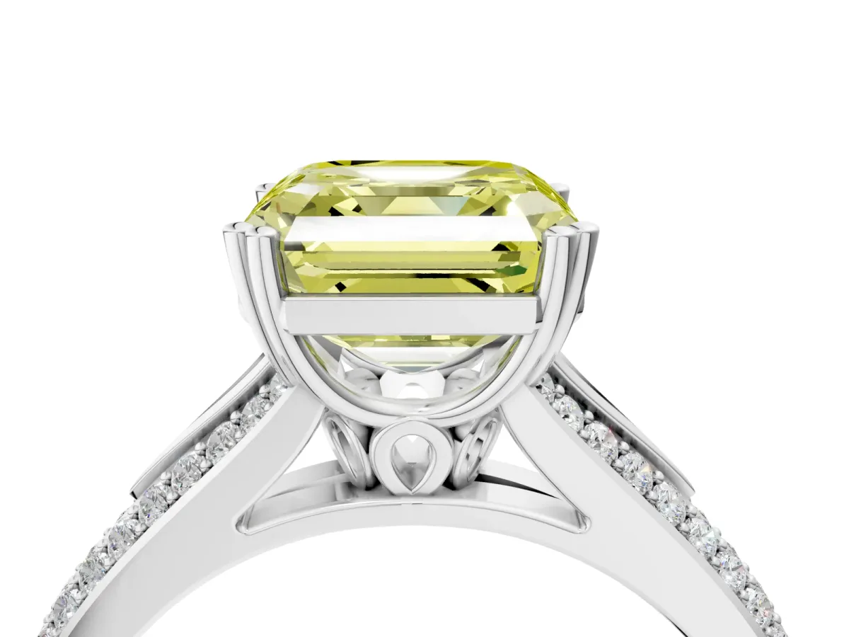 Fancy Yellow Asscher Cut Diamond Split Shank Engagement Ring with Pavé Band Platinum