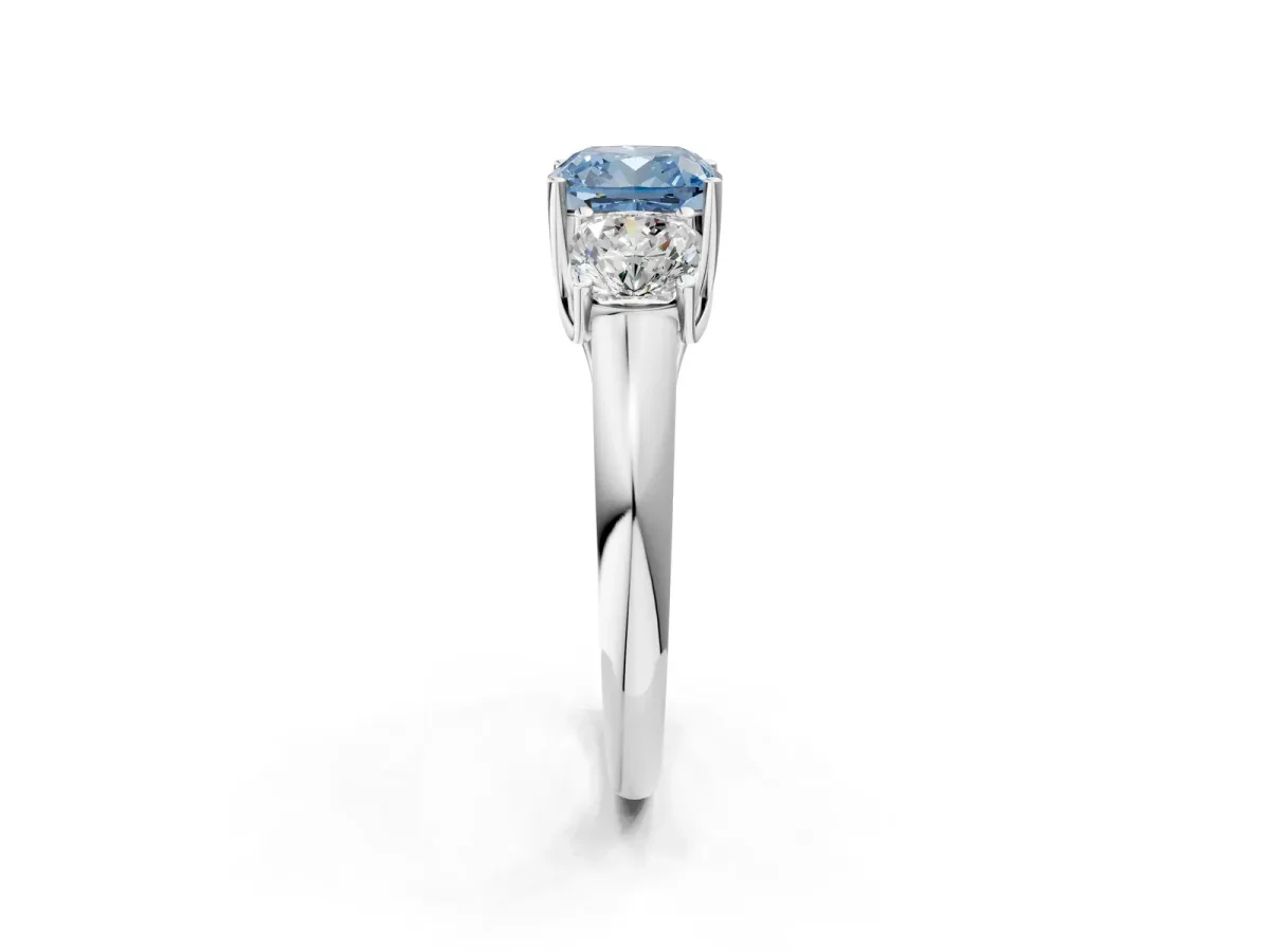 Fancy Blue Three-Stone Cushion Cut Diamond Engagement Ring with Prong Setting White gold