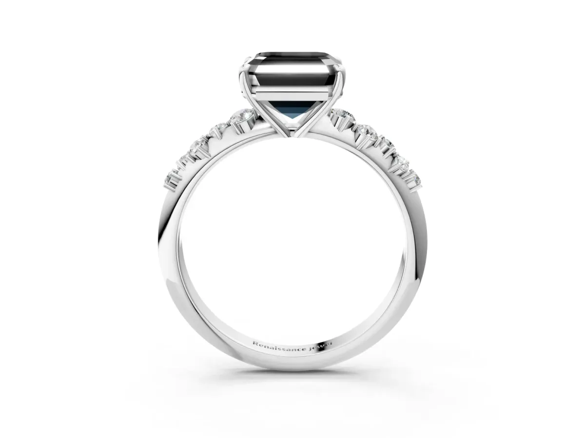 Fancy Black Asscher Cut Diamond Cluster Side Stone Solitaire Ring with Prong Setting Platinum