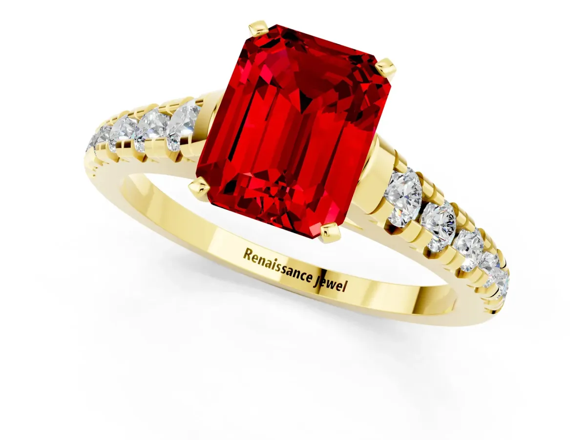 Emerald Cut Ruby Cathedral Solitaire Ring with Round Pavé Band Yellow gold
