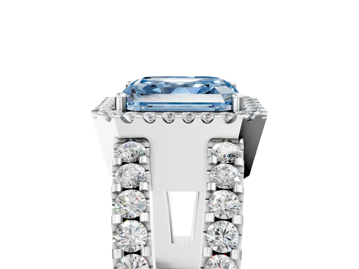 Fancy Blue Asscher Cut Cut Halo Split Shank Diamond Ring with Four-Prong Setting Platinum