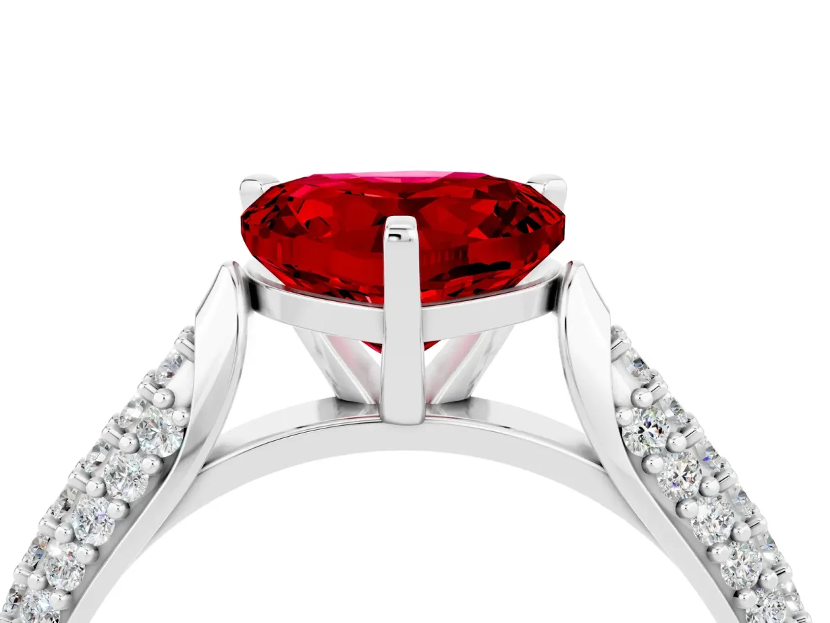 Heart Cut Ruby Solitaire Engagement Ring with Multi-Row Round Pavé Band and Prong Setting Platinum