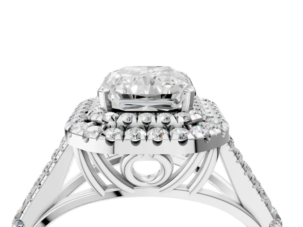 Radiant Cut Cut Double Halo Split Shank Diamond Ring with Prong Setting Platinum
