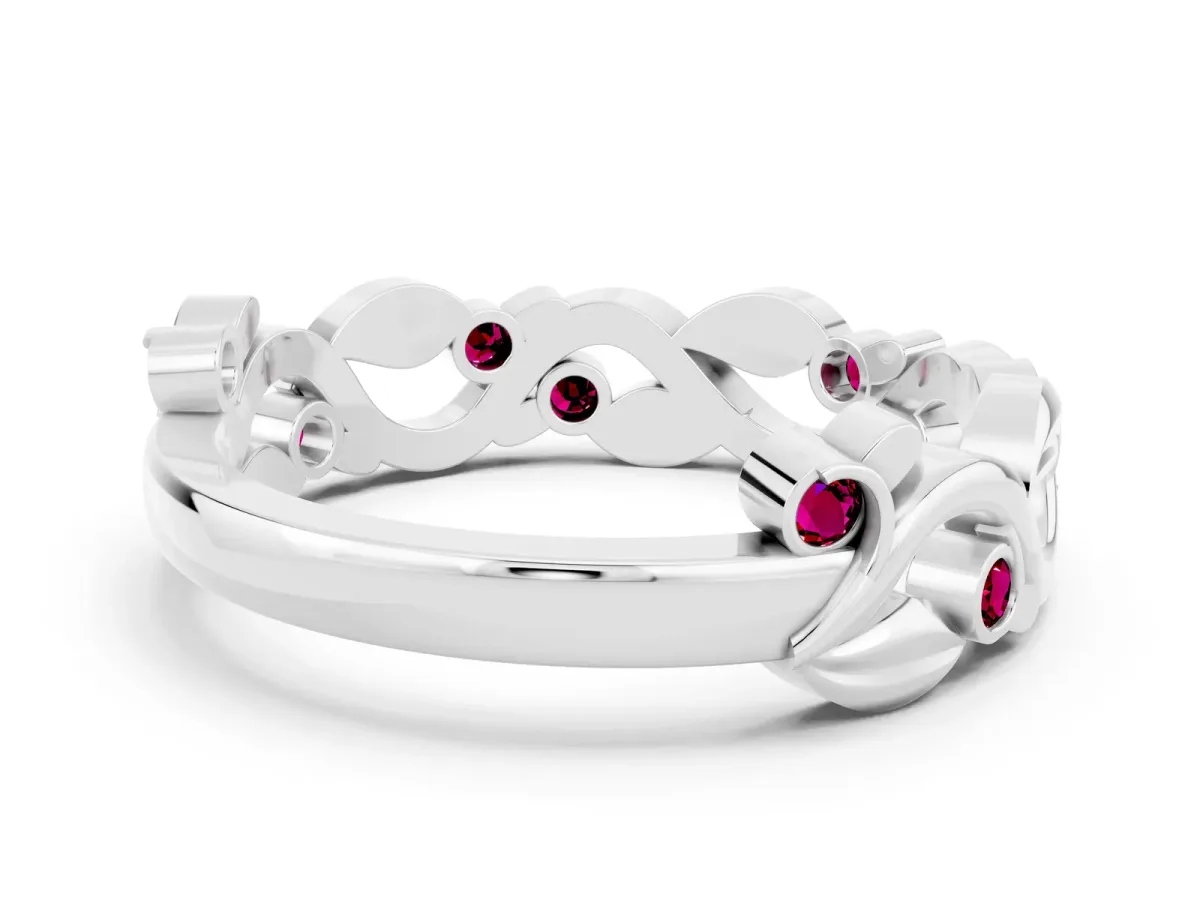 Round Garnet Leaf Eternity Band with Bezel Setting White gold