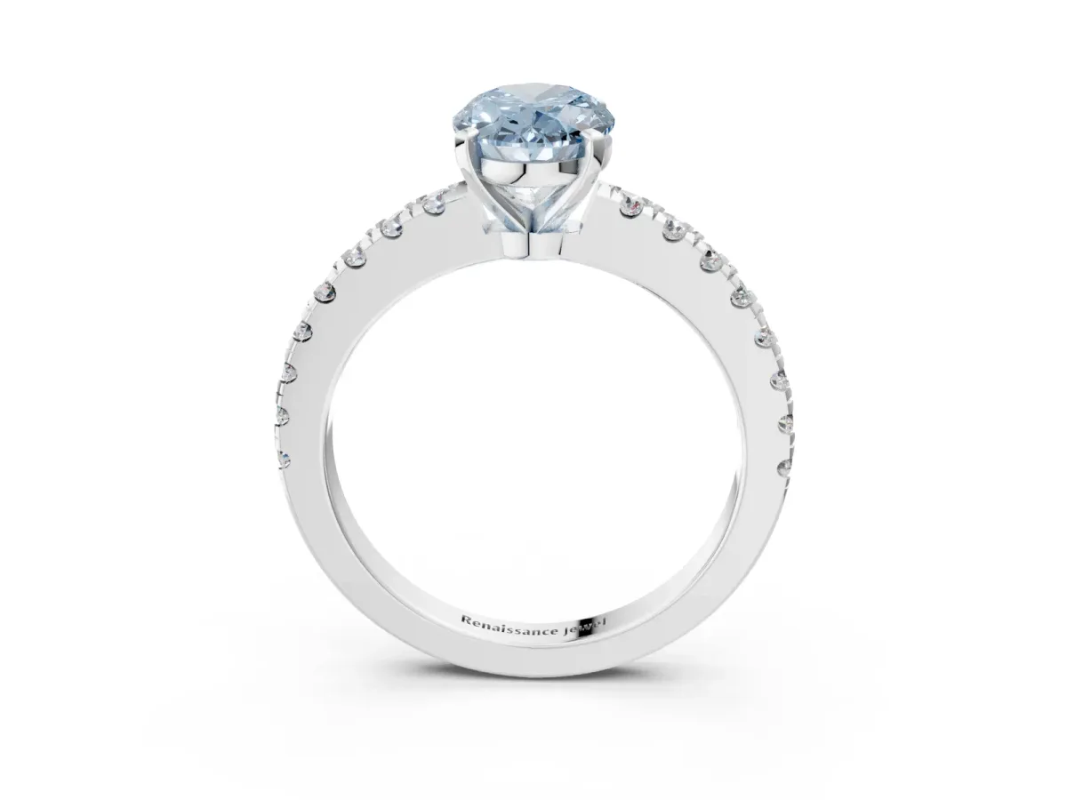 Fancy Blue Oval Cut Solitaire Diamond with Pavé Band and Four-Prong Setting Silver