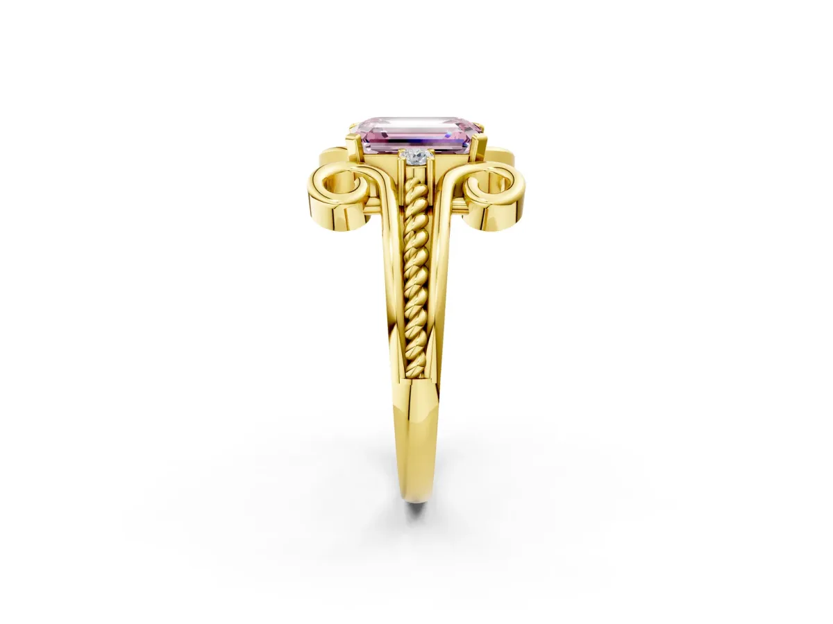 Fancy Pink Emerald Cut Solitaire Twisted Band Scroll Prong Ring Yellow gold