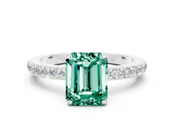 Emerald Cut Green Sapphire Solitaire Engagement Ring with Pavé Band and Four-Prong Setting Platinum